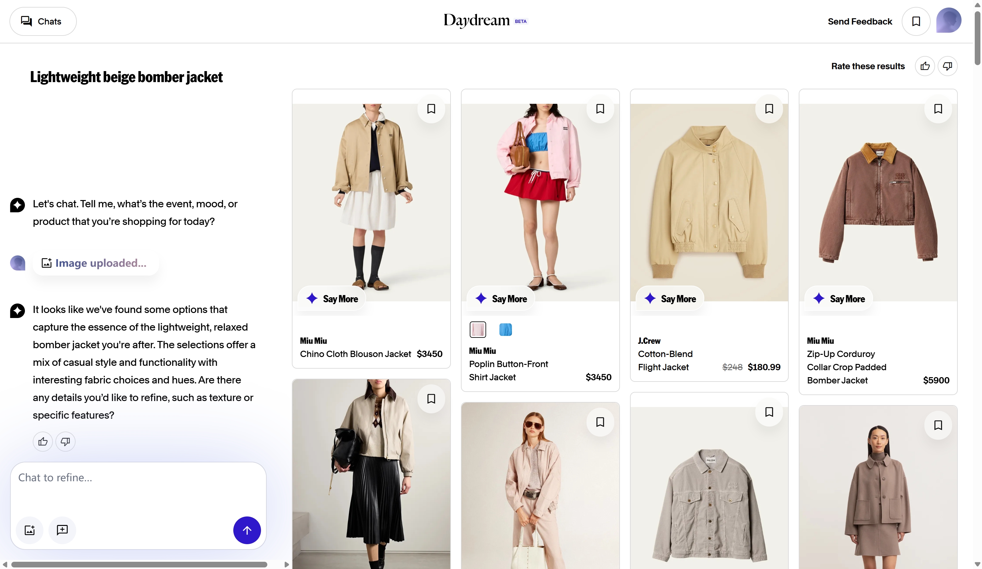 seamai Daydream's online interface with Lightweight beige bomber jacket